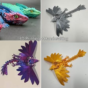 QINGMIAO 3D Printed Dragon, Feathered Wyvern Dragon, 3D Printing Toys, Articulated Dragon, Fidget Dragon, Home Office Decor Desk Toys Pet (Gold)