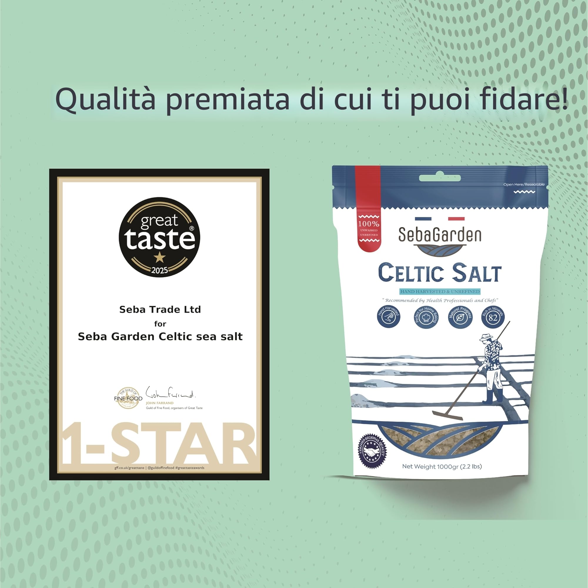 Seba Garden Celtic Sea Salt Grey, Confezione richiudibile di sale marino grigio biologico certificato da 1 kg, raccolto a mano, contenente oltre 82 minerali essenziali