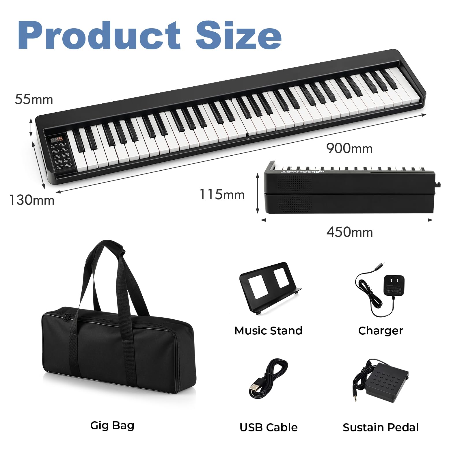 KOMFOTTEU Pianoforte Digitale 61 Tasti Pieghevole con Display LED & Bluetooth, Tastiera Elettronica Multifunzionale per Principianti, Pianola Facile da Trasportare con Borsa per Pianoforte