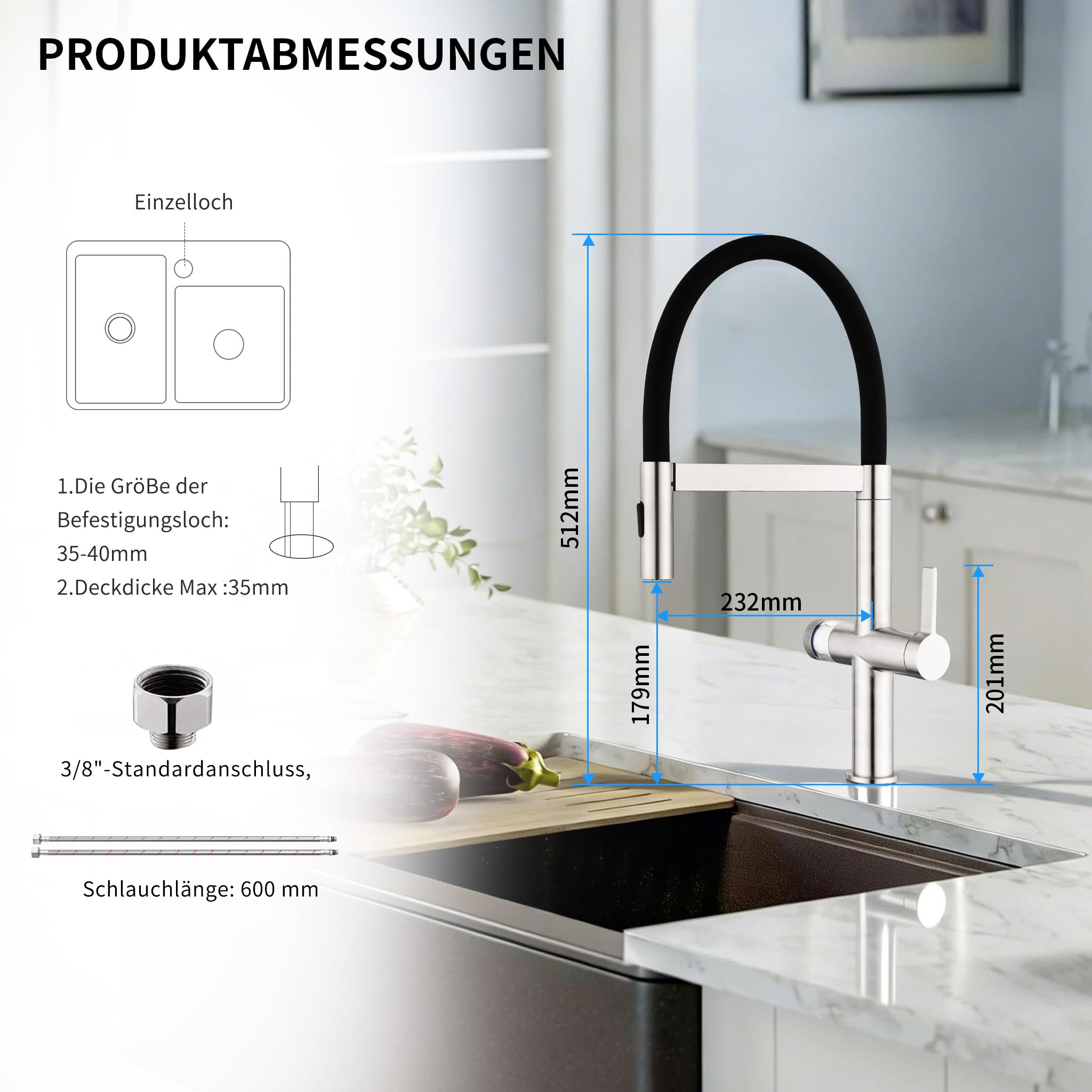 HOMELODY Wasserhahn Küche mit Filter, Hoher Bogen Küchenarmatur mit Ausziehbarer Brause, 360°Drehbar 2 Sprühfunktionen, Magnetrückstellung Mischbatterie Spültischarmatur Küchenarmaturen Chrom/Schwarz