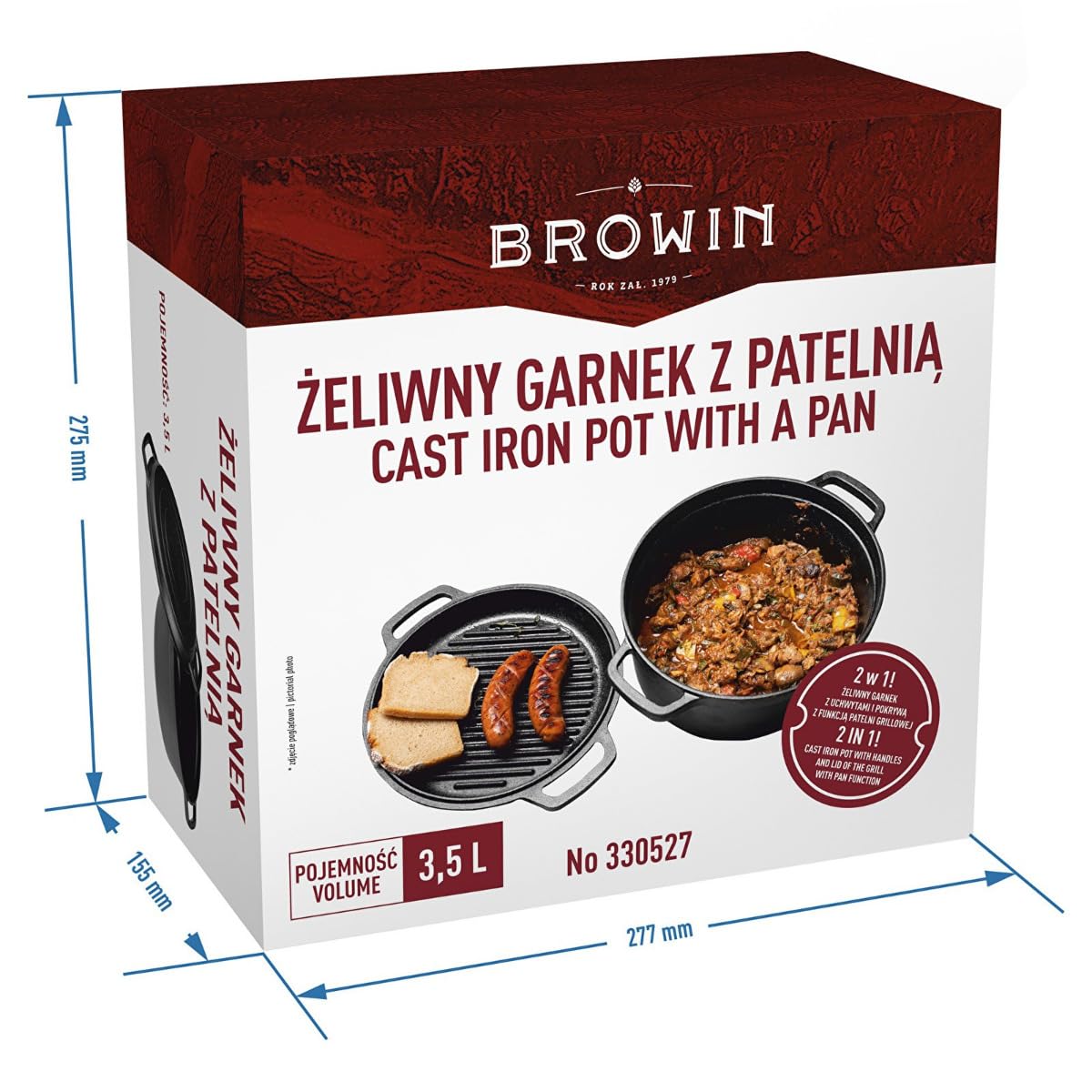 BROWIN Żeliwny garnek z patelnią 3,5 litra 2 w 1 forma do pieczenia chleba z pokrywką