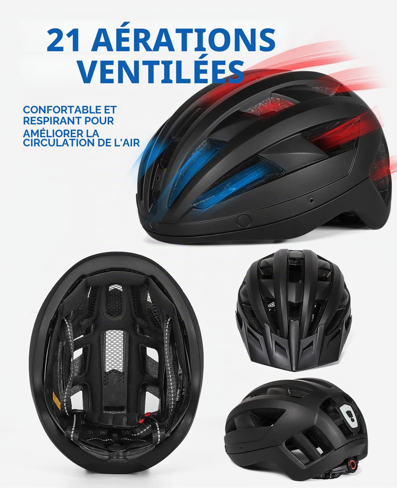 Casque Velo Homme Femme avec Visiere et Lunettes Détachables, Casque Vélo Casques VTT avec Feu Arrière à LED Rechargeable, Casque Cyclisme pour Adulte et Adolescent (L: 57-61 cm, Noir)