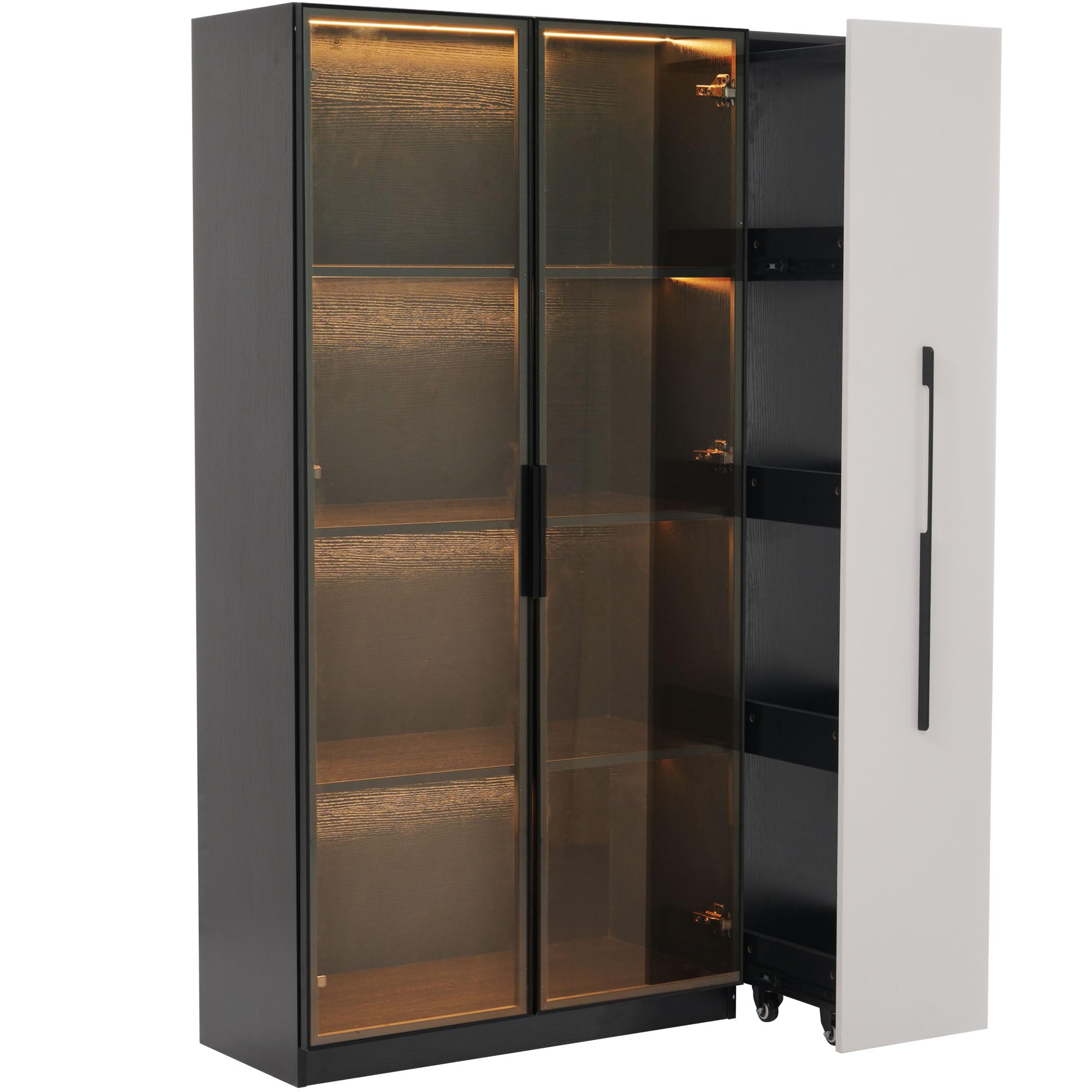 Armadio multifunzione/alto/da sala da pranzo 110,5 x 35 x 160 cm, vetrina con anta in vetro e LED, estensione laterale, design in bianco e nero, stile moderno, (nero, 110,5 x 5 x 160 cm)