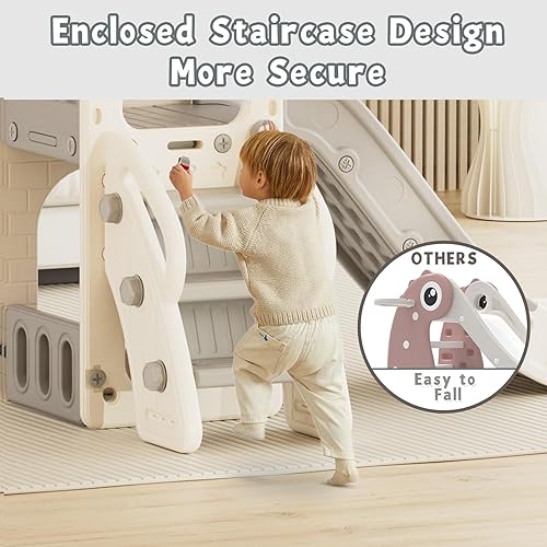 Miniatura 5 de YUFU Tobogán 5 en 1 para niños pequeños, tobogán para niños con escalador, aro de baloncesto y pelota, juego para interiores y exteriores para niños