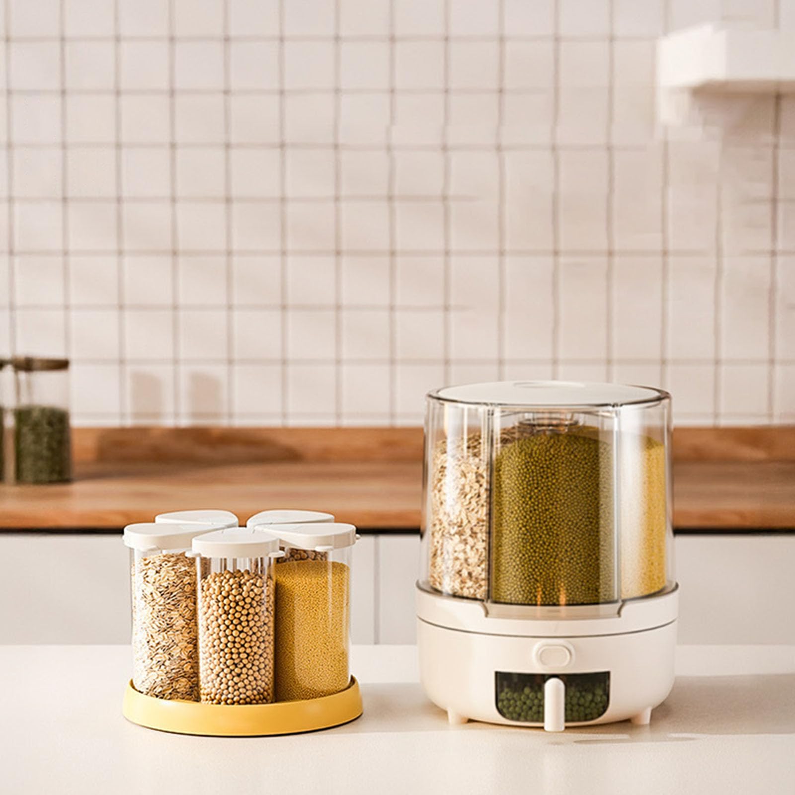 Rotierender Reis-Eimer, mehrere Fächer, transparent, für Küche, Getreidebehälter, lebensmittelechte Materialien, platzsparender Getreidespender für kleine Küchen