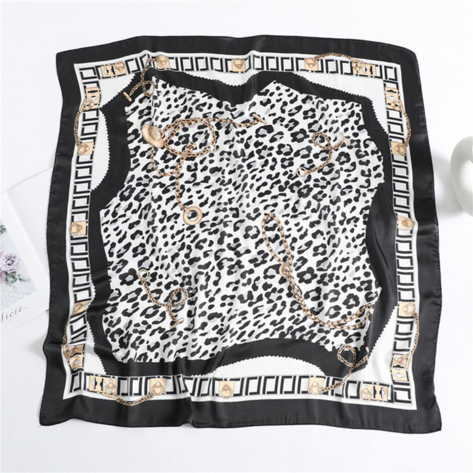 ACiyD Bufanda para Mujer, Elegante, Grande, Suave, Chal, hiyab, para Mujer, pañuelo, pañuelo para el Cuello, Seda de imitación, 90 x 90 cm, Bufanda Cuadrada a Rayas (Dobladillo Blanco, Leopardo A)