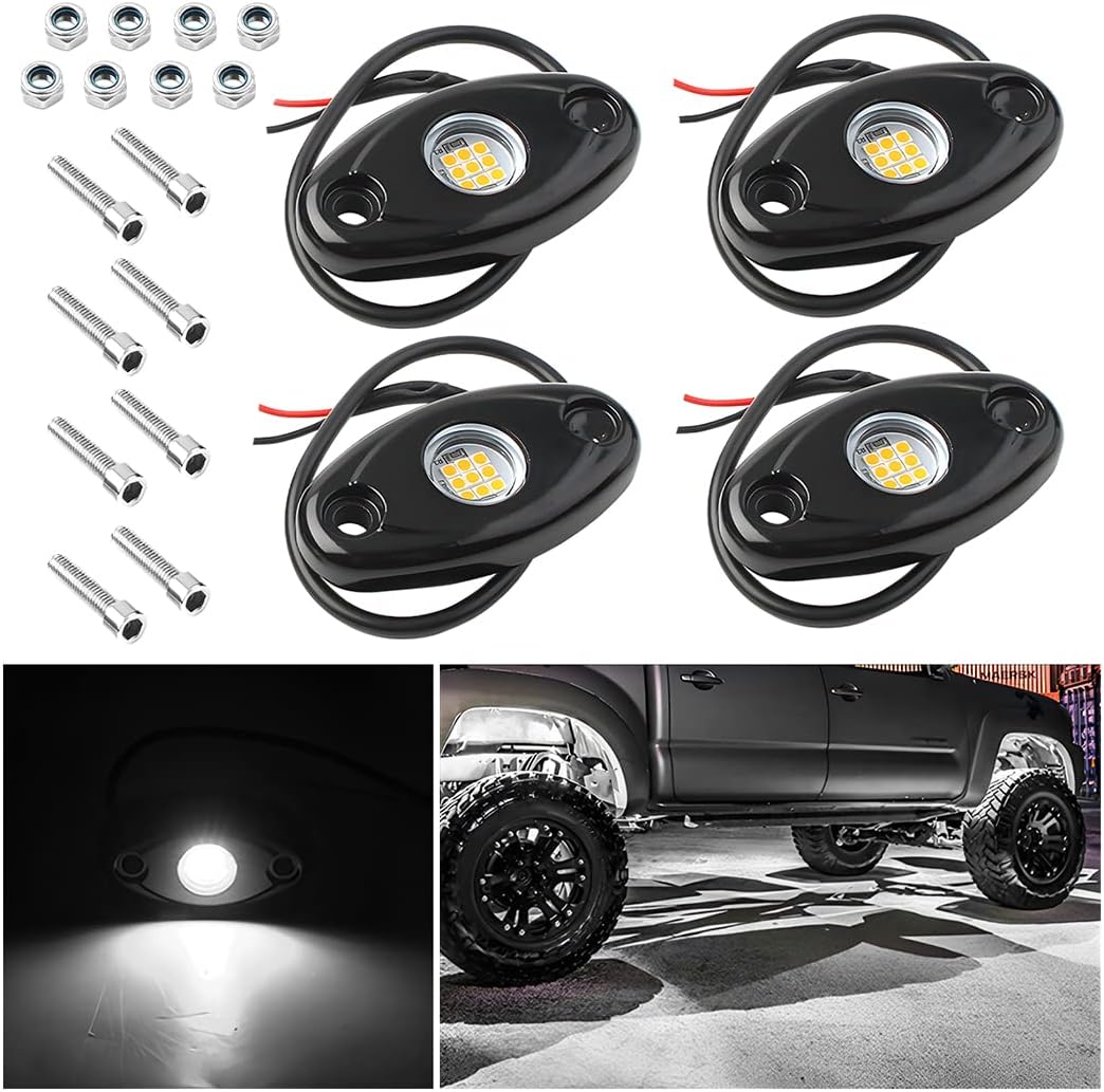 Rock Lights for Trucks, 4 Pods LED Rock Lights, IP67 Waterproof Neon Rock Lights Kits for Pickup ATV Off Road SUV, High Brightness Multifunction Underglow Lighting Glow Trail Rig Lamp (White)