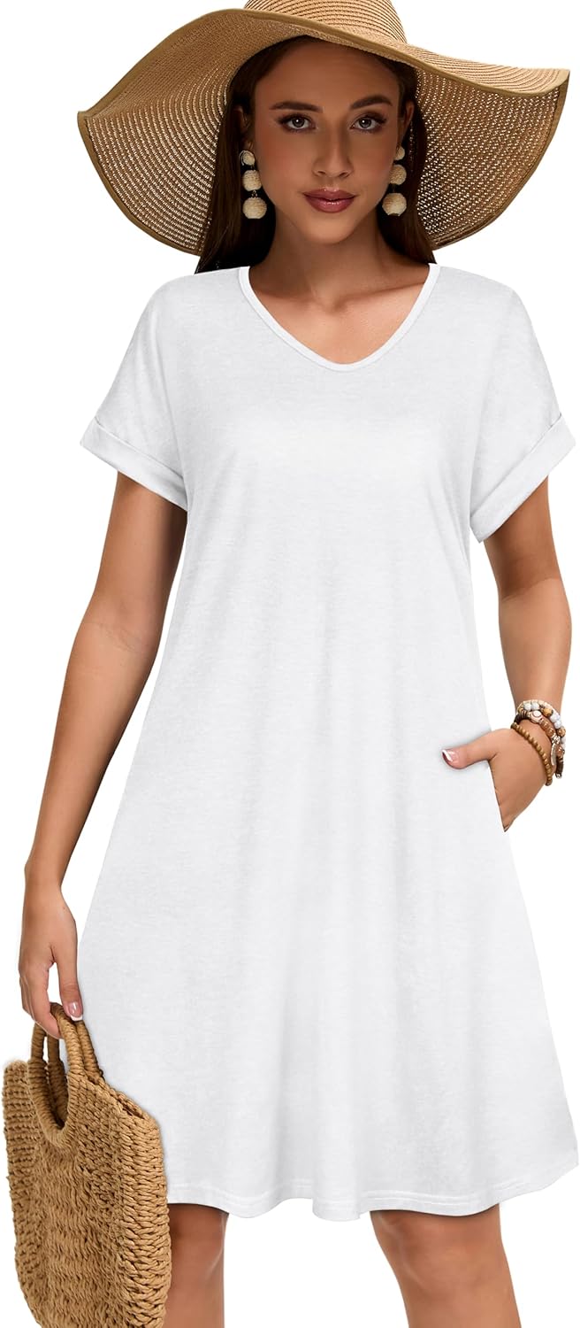 elescat Sundresses for Women Summer Casual Loose V Neck Short Sleeve Tshirt Dress with Pockets - Image 5