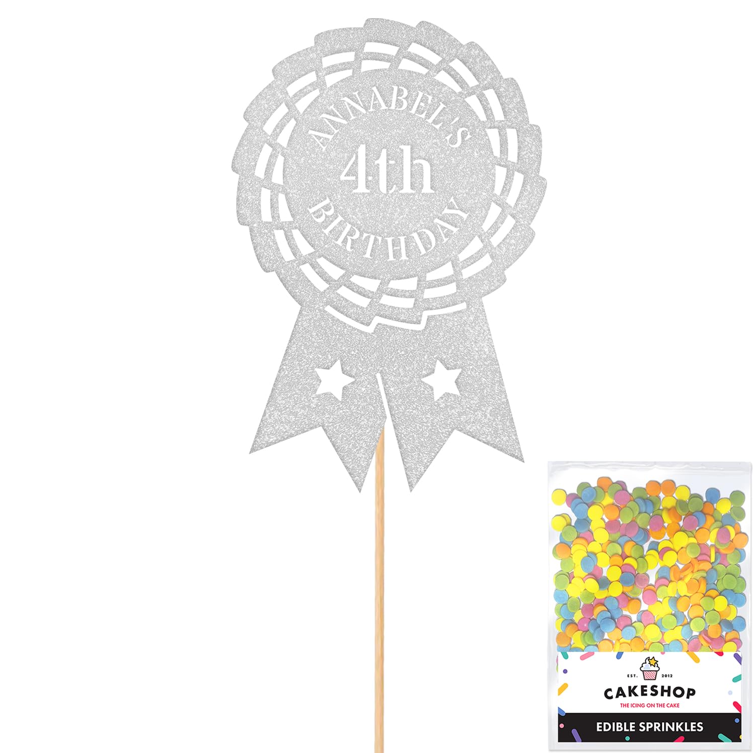 Personalised Horse Riding Rosette Award Glitter Cake Topper Lt Silver Custom Age & Name Glitter Cake Decoration and Sprinkles - Happy Birthday Decorations - Personalised Toppers for Cakes by Cakeshop