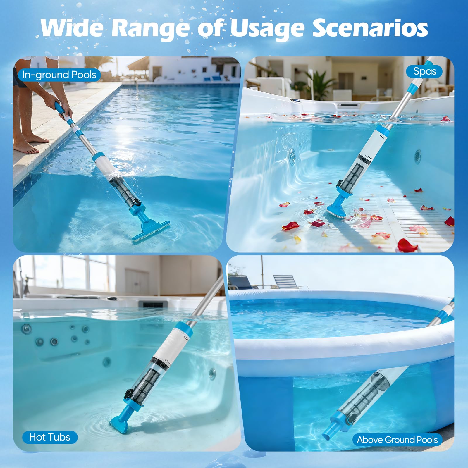 Aspirateur Piscine sans Fil Puissant débit 20L/Min Démarrage Automatique par Capteur Immergé,3 Buses Interchangeables,Poignée Télescopique 103-162cm Idéal Piscine Hors Sol et Enterrée