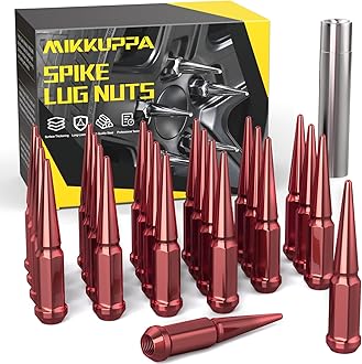 MIKKUPPA M14x1.5 Spike Wheel Lug Nuts, 24pcs Red 14mmx1.5 Soild 4.4" Tall with 1 Socket Key - Replacement for 1995-2020 Chevy Silverado 1500, 1997-2020 GMC Sierra 1500 Aftermarket Wheel