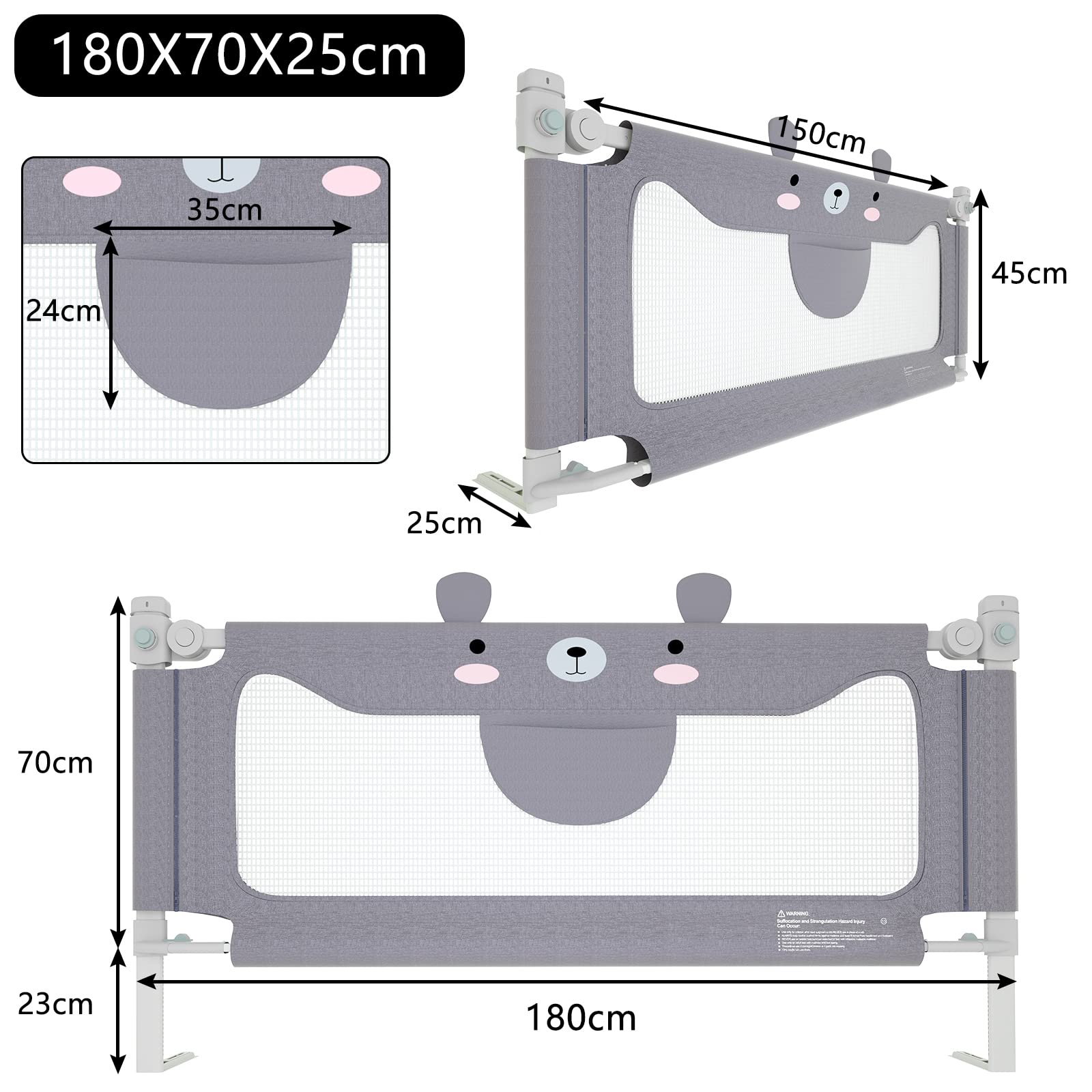 YUENFONG Barrière de lit anti-chute - 180 cm - Portable - Réglable en hauteur - Barrière de lit pour bébé - Pour famille et voyages - Petit ours (gris, 180 cm)