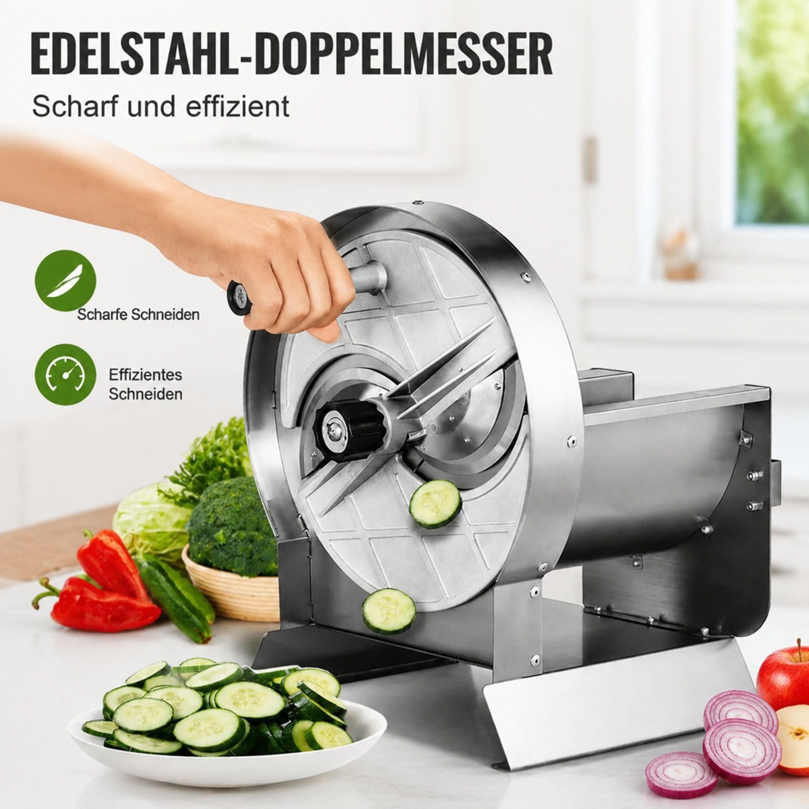 Manueller Gemüse- und Obstschneider aus Edelstahl mit 2 Ersatzklingen für Kartoffeln Gurken Zitronen Tomaten
