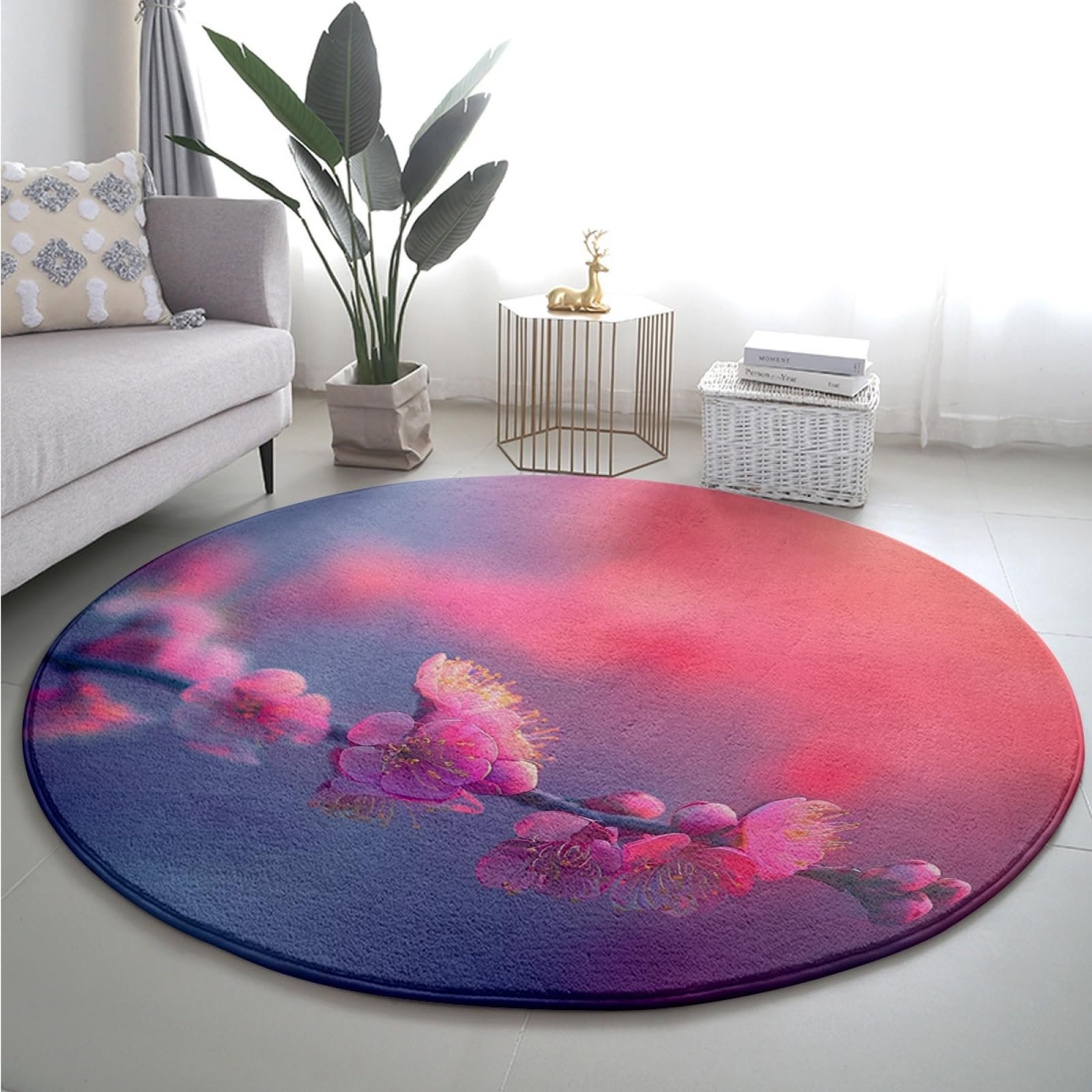 Teppich Rund 200Cm Waschbar Schöne Blumen Rutschfester Kurzflor Teppich Wohnzimmer, Schlafzimmer Carpet für Büro ， Eingangsbereich, Kinderzimmer