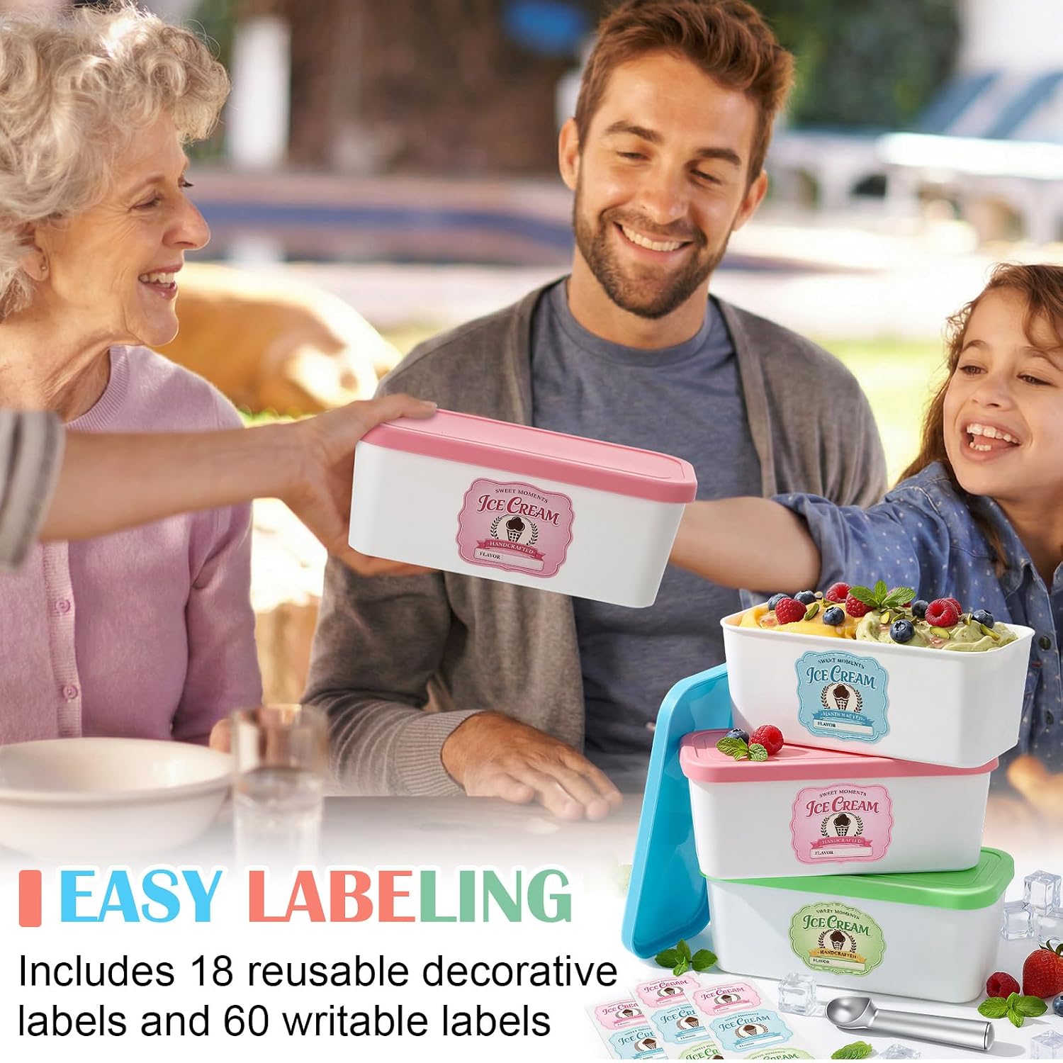LemonRoad 6 Pack Reusable Ice Cream Containers 2 Quart Freezer Storage with Silicone Lids Stackable Ice Cream Tub Boxes with Spoons and Stickers for Homemade Sorbet Frozen Yogurt Freezer Safe