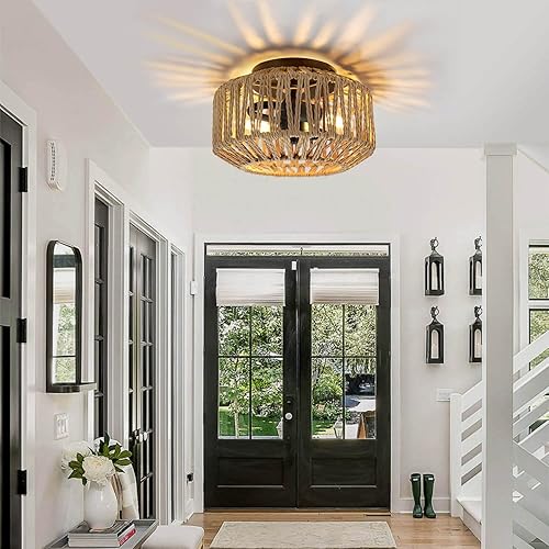 Miniatura 2 de Paquete de 2 lámparas de techo bohemias, 2 luces tejidas a mano de ratán de montaje empotrado, estilo bohemio de granja para cocina, baño,