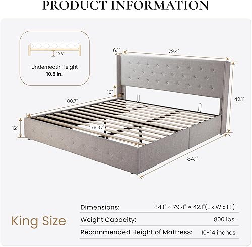 Miniatura 2 de SHA CERLIN Cama de almacenamiento de tamaño King cabecera capitonada con botones y respaldo de ala marco de cama tapizado no necesita somier soporte
