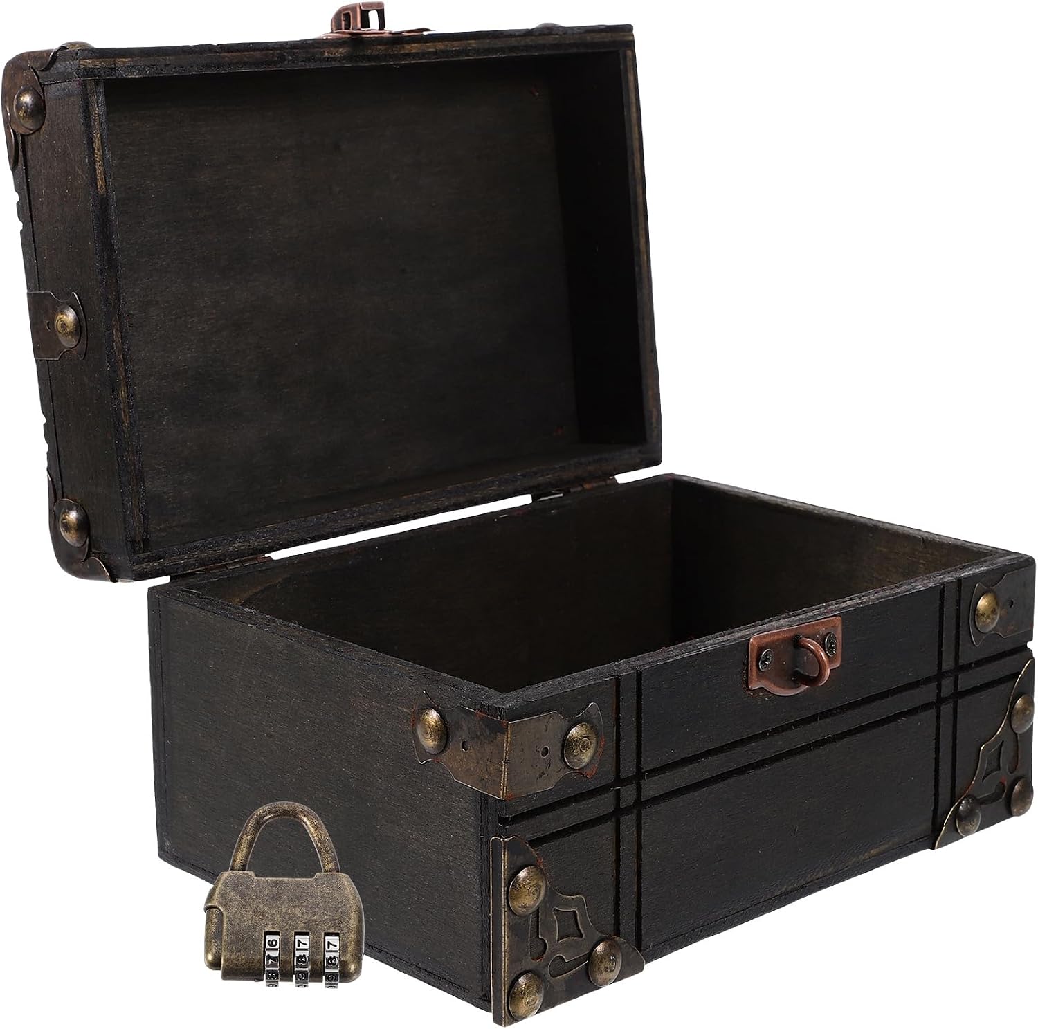 Cabilock Wooden Vintage Treasure Box with Lock and Key, Retro Jewelry Storage Chest for Birthday Pirate Party, Trinket Holder, Keepsake Organizer, 6.10X4.33X3.54 Inches
