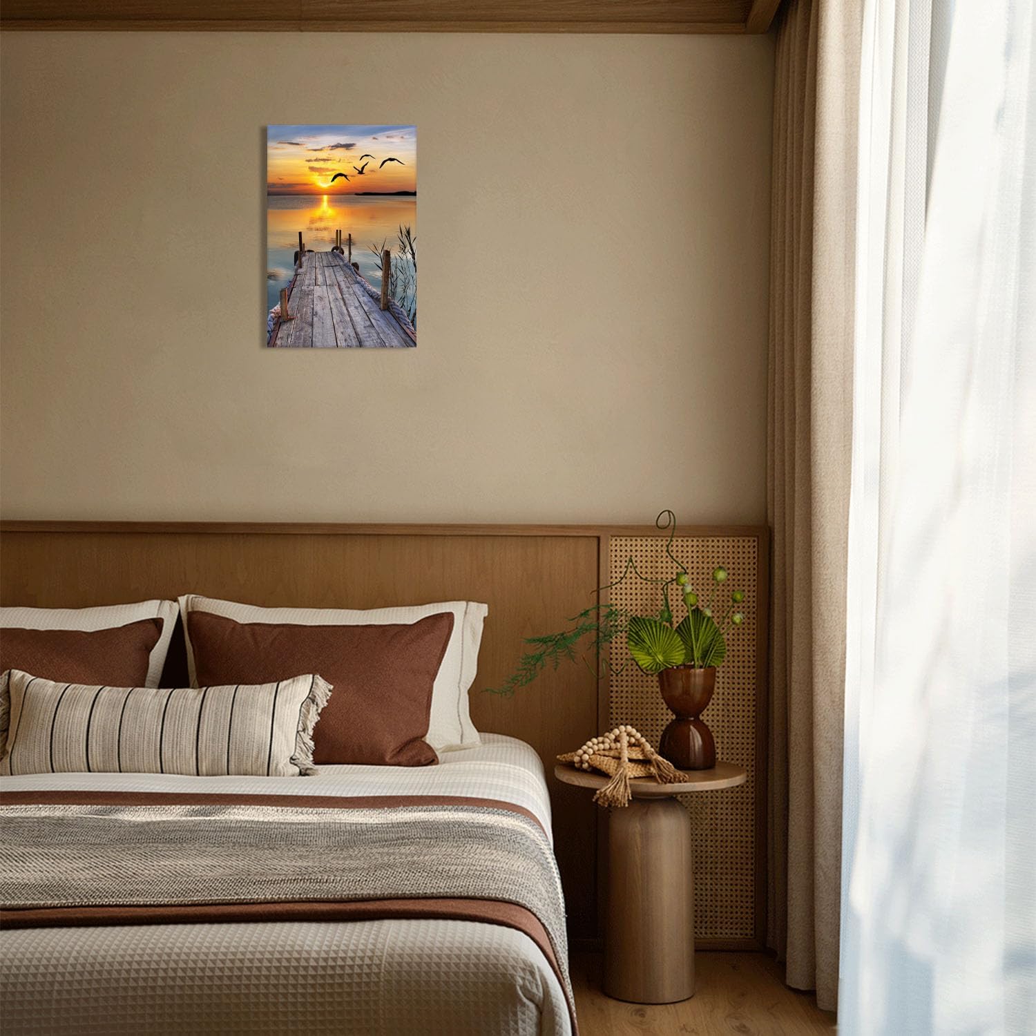 Sunset Wall Art Lakeside Pier Trail Canvas prints Sunset Nature Landscape Painting for Home Living Room Bedroom Office (16x24 inch) Framed