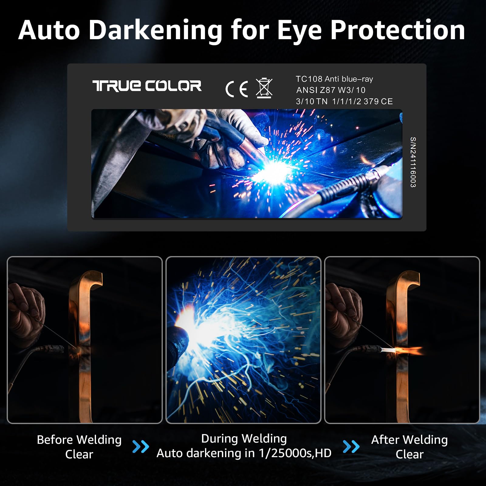 Lente de soldadura de oscurecimiento automático de 2 x 4 1/4, pantalla 10, lente de soldadura de energía solar dorada, tecnología HD de color verdadero, lente de soldadura 2x4 de repuesto para