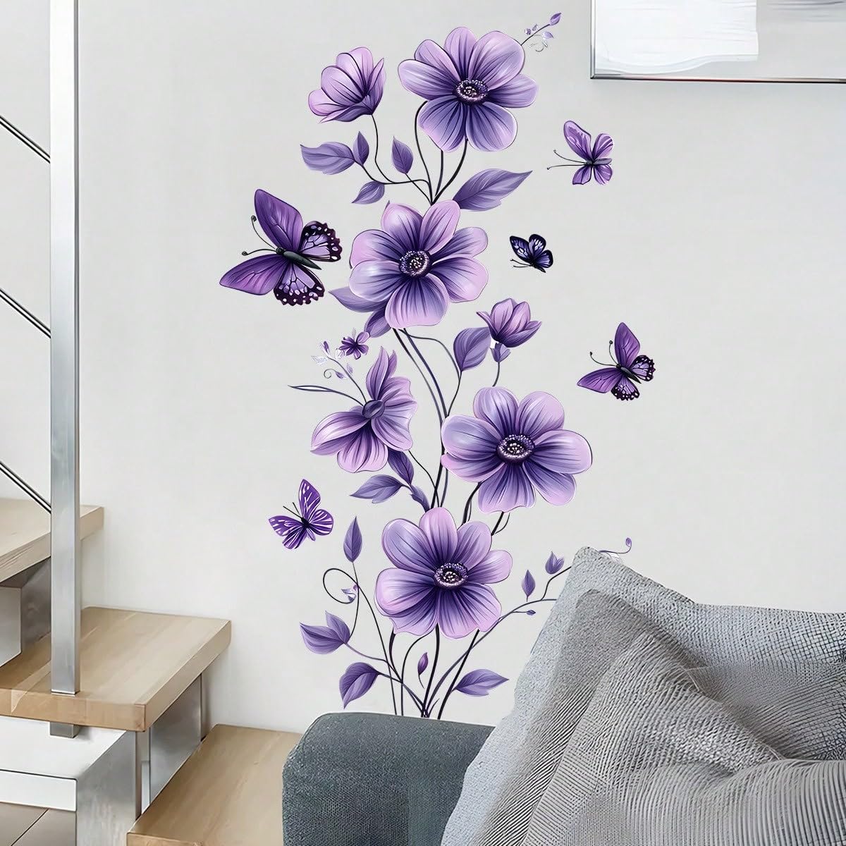 Purple Floral Butterfly Wall Sticker, Decorative Removable Decal for Bedroom, Living Room-image-7