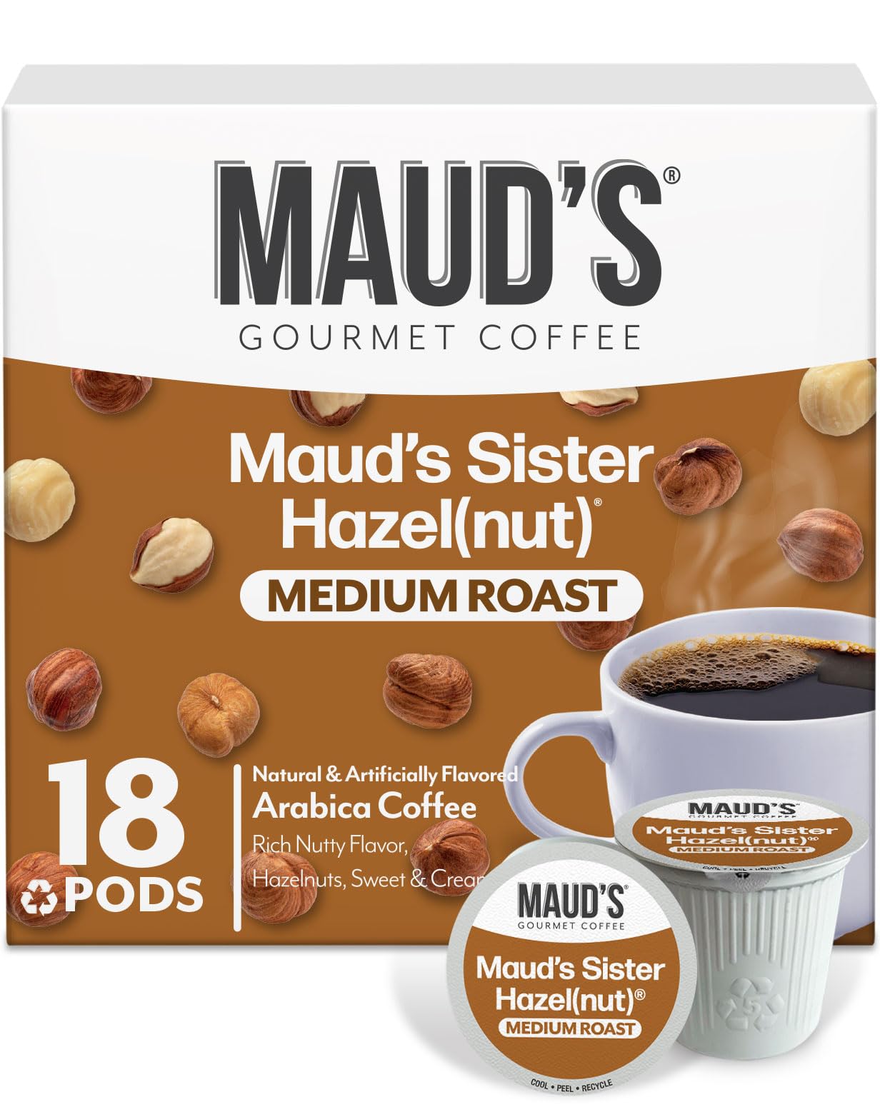 Maud's Sweet Hazelnut Flavored Coffee Pods, 18 ct, Medium Roast Flavored Coffee in Recyclable Single Serve Pods – 100% Arabica Beans, Compatible with Keurig K Cups Maker
