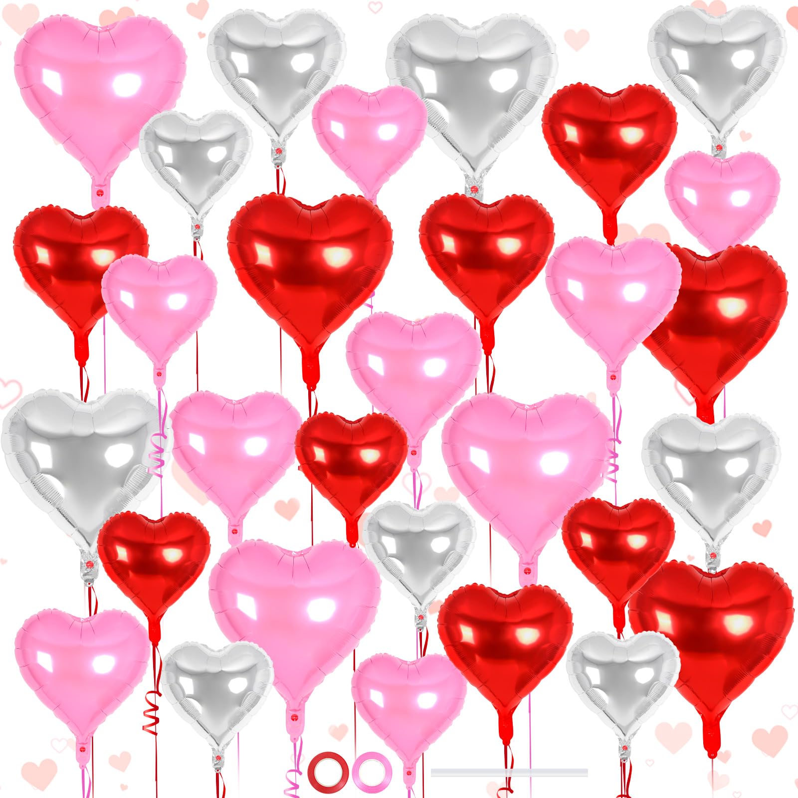 30 Pcs Red Pink and Silver Heart Balloons, 3 Sizes Heart Foil Mylar Balloon, Valentine Day Party Decorations, Love Balloon Valentine Balloons for Birthday Party Wedding Baby Shower