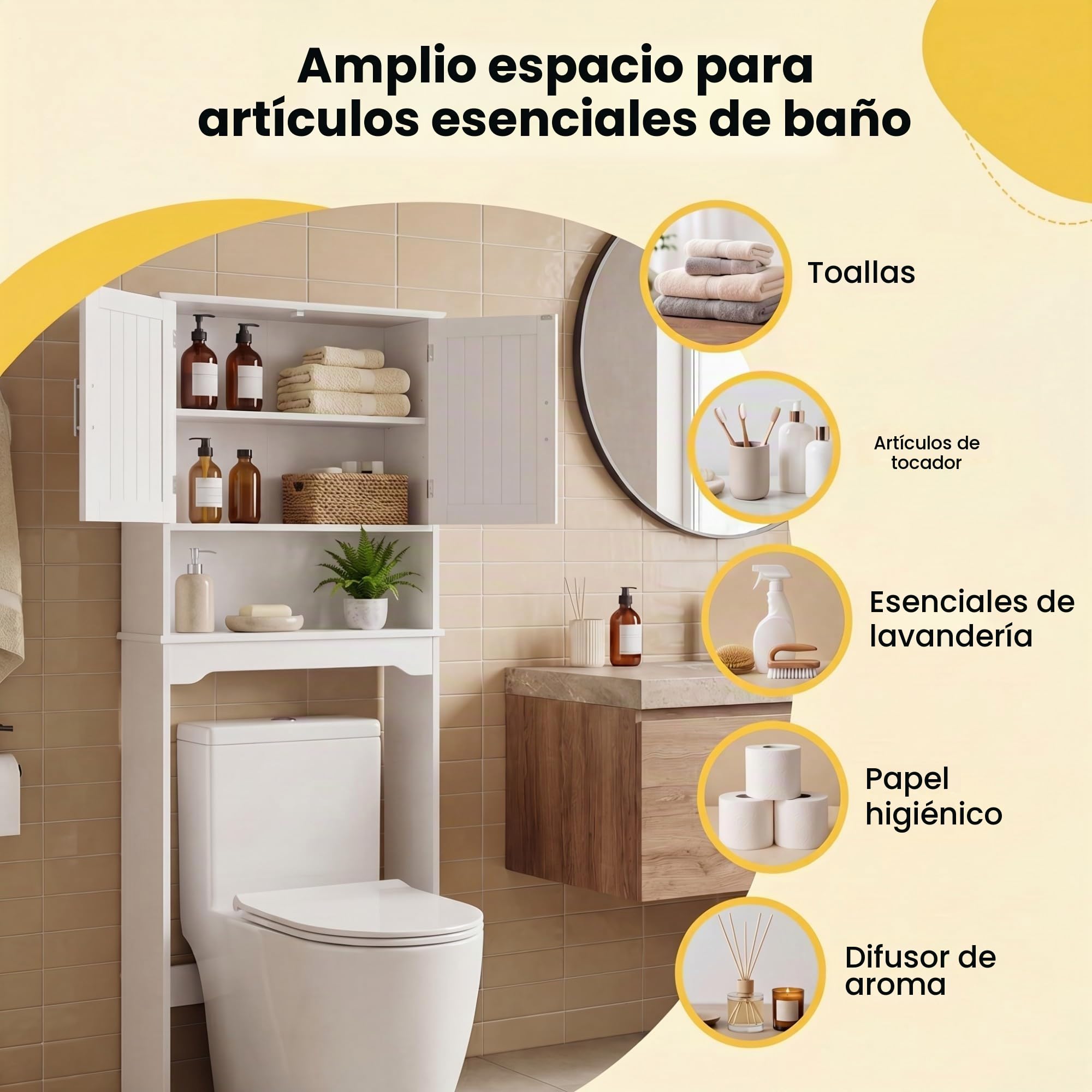 LIFEZEAL Armario sobre Inodoro, Mueble Alto de baño, Estante con 2 Puertas balda Ajustable, Organizador para baño, Lavadora, 63 x 23 x 168 cm
