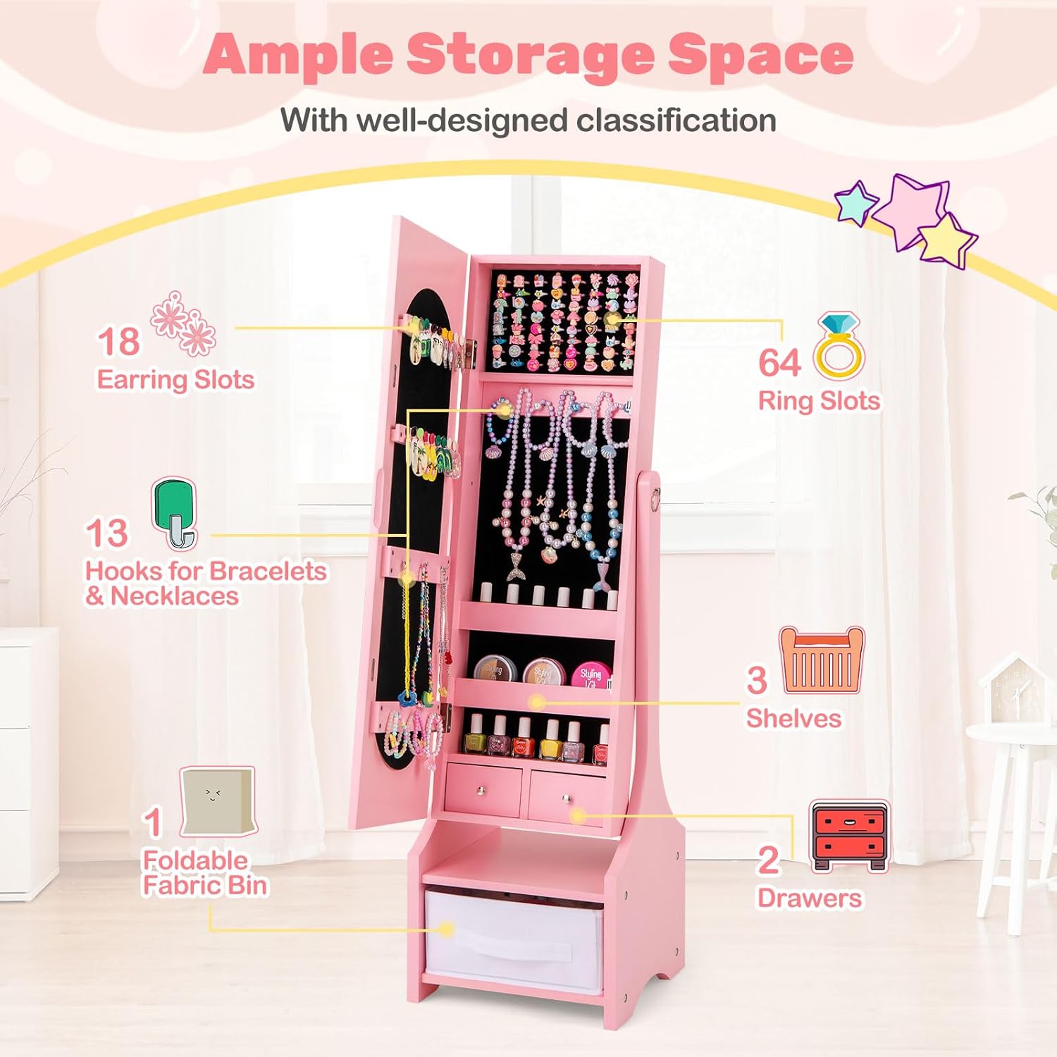 HONEY JOY Kids Jewelry Armoire Cabinet, 41.5" Standing Wooden Standing Jewelry Organizer with Full-length Mirror and Storage Box, Children Dress Up Vanity Jewelry Cabinet for Little Girls (Pink)