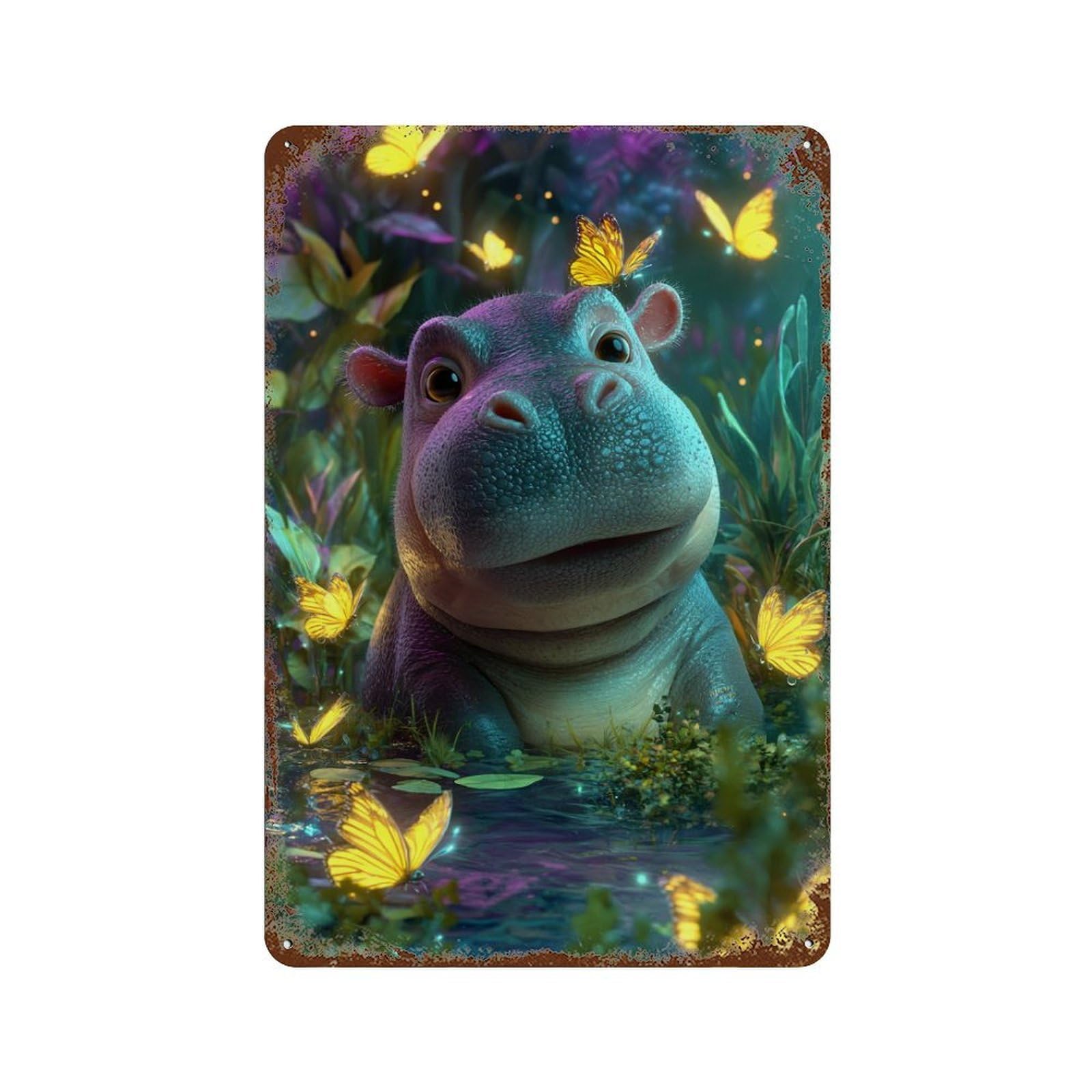 Rusty Metal Tin Sign with Jungle Hippo with Butterflies Design 11.8"x7.9", for Shed, Workshop And Garage Wall Decor, Classic Wall Plaque