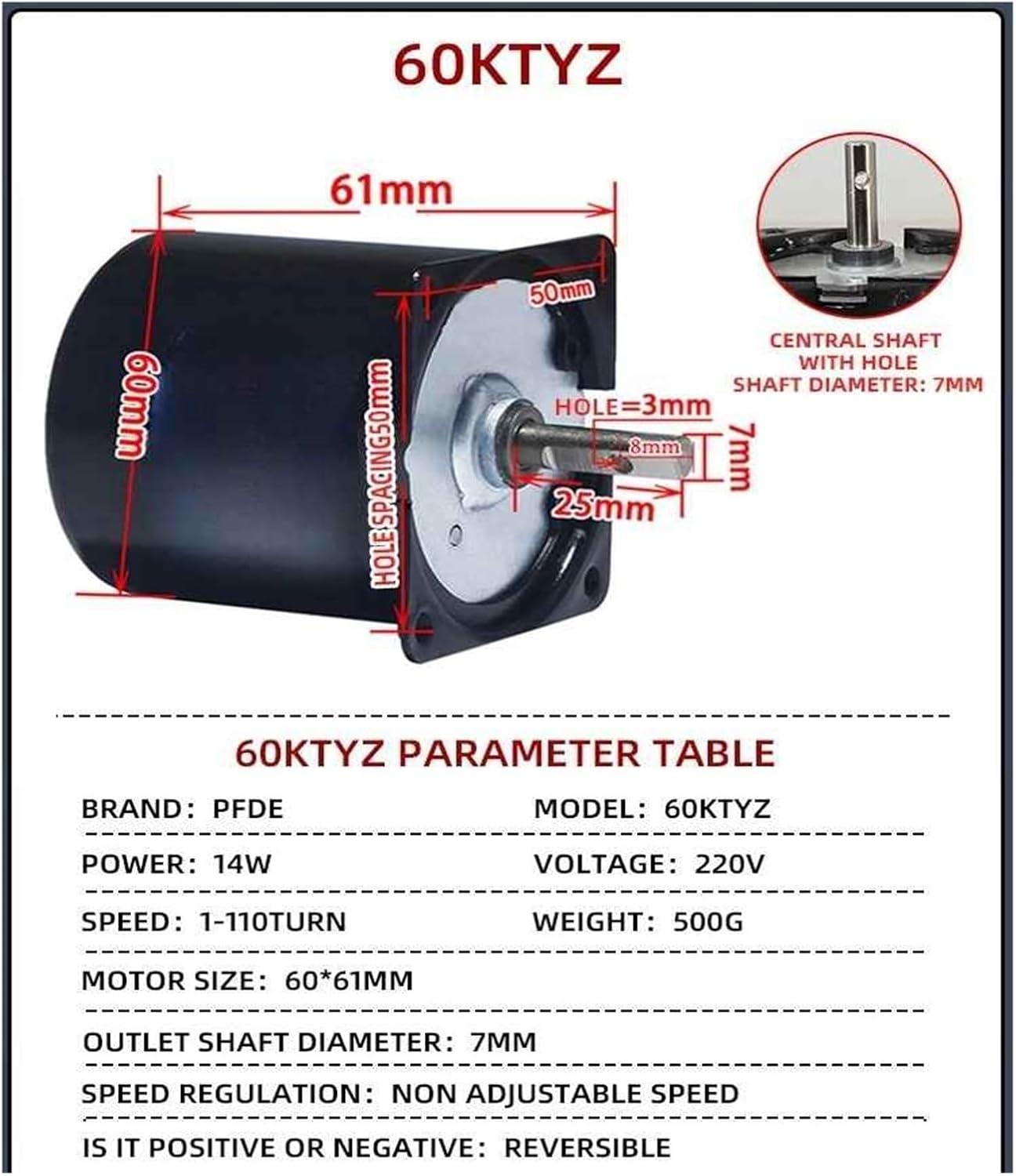 60KTYZ Permanent Magnetic Synchronism Motor Accessories Center Shaft 7mm with Hole 14W AC Electric Motor 220V(110V 15rpm)