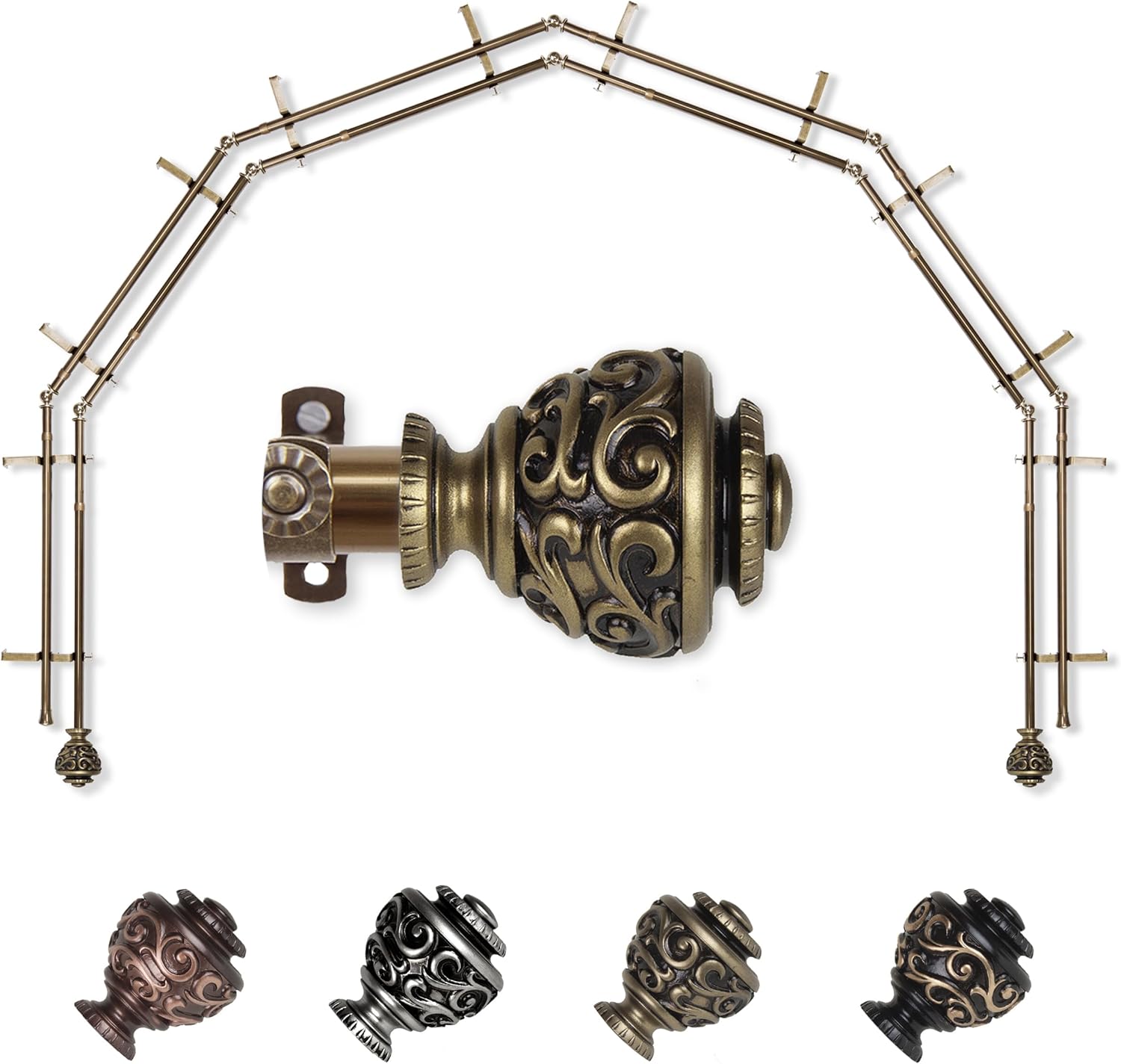 A&F Rod Décor - Jamila 13/16" 6-Sided Double Bay Window Curtain Rod - Antique Brass