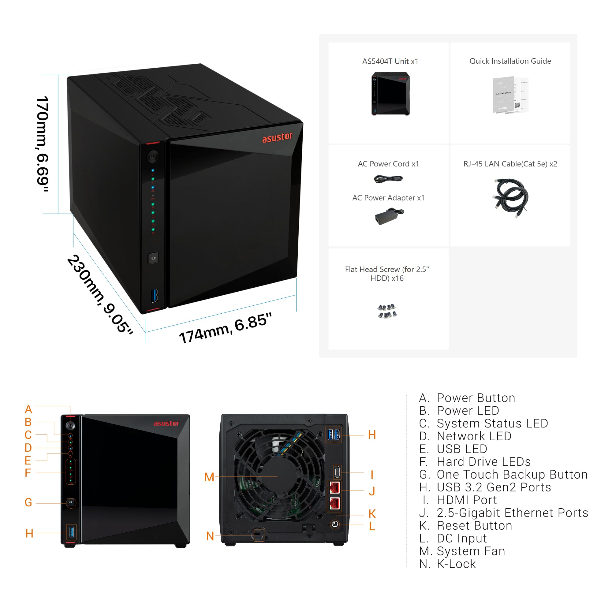 Asustor AS5404T Nimbustor 4 Gen2-4 Bay NAS Netzwerkspeicher Gehäuse, Quad-Core 2,0GHz CPU, 4xM.2 NVMe SSD Steckplätze, 2x2,5GbE Anschlüsse, 4GB DDR4 RAM, Gaming-Inspirierten NAS