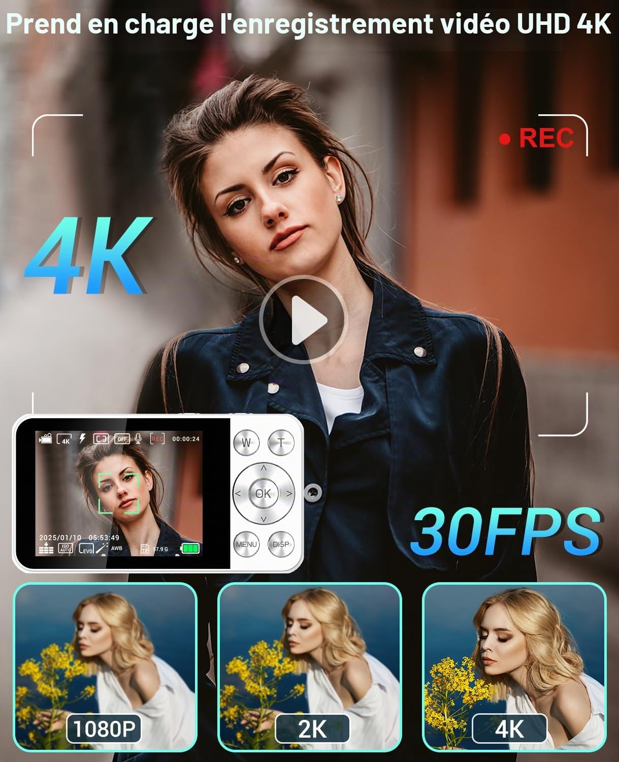 Appareil Photo Numérique 4K 64MP, Wevoor 64 GB Appareil Photo Numérique Compact avec Écran 2,8", 2000mAh Batterie, Appareil Photo Portable pour Débutants Enfants Adolescents - Blanc