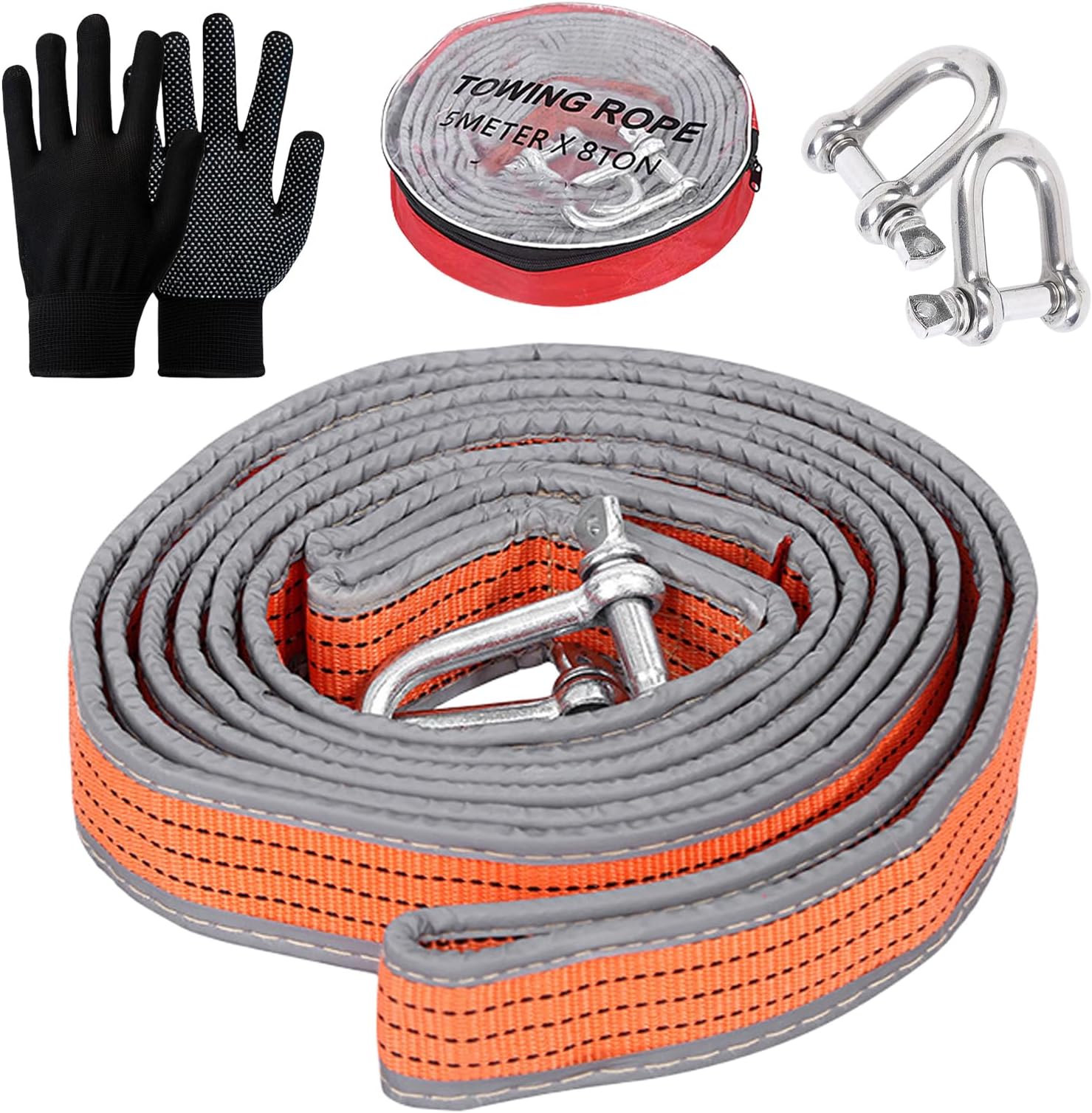Sporgo Tow Rope Car: Tow Rope 5 Metres 8 Tonnes (17636 Lbs) with Reflective Strips and 2 Tow Hook U-Ring and Gloves, Tow Rope Car for Off-Road Recovery & Towing Heavy Duty