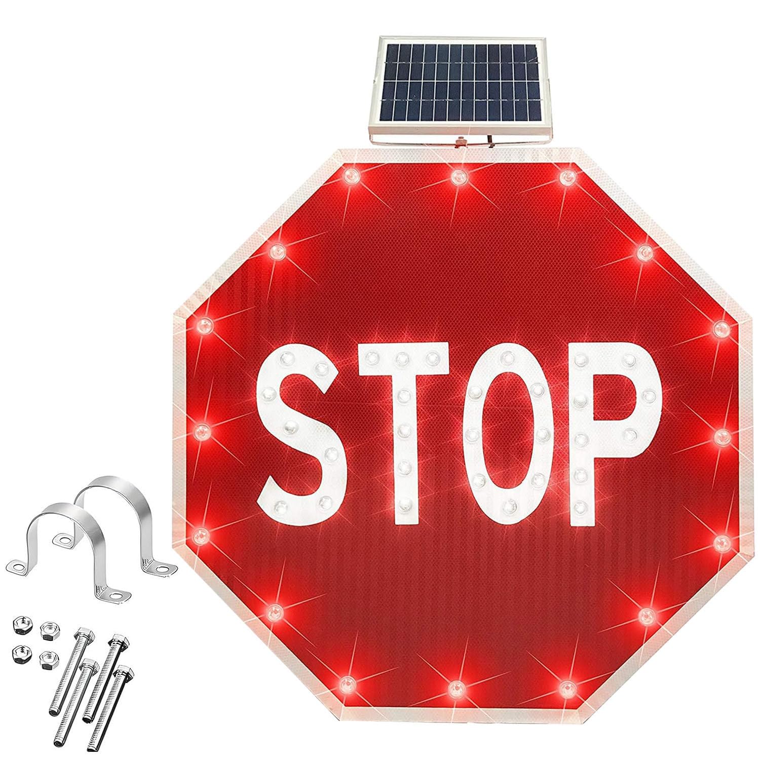 Señal de Stop LED Solar Intermitente, señales de tráfico solares Intermitentes, señal de tráfico Vial Octagonal de Aluminio, con película Reflectante de Grado Industrial 24IN-1