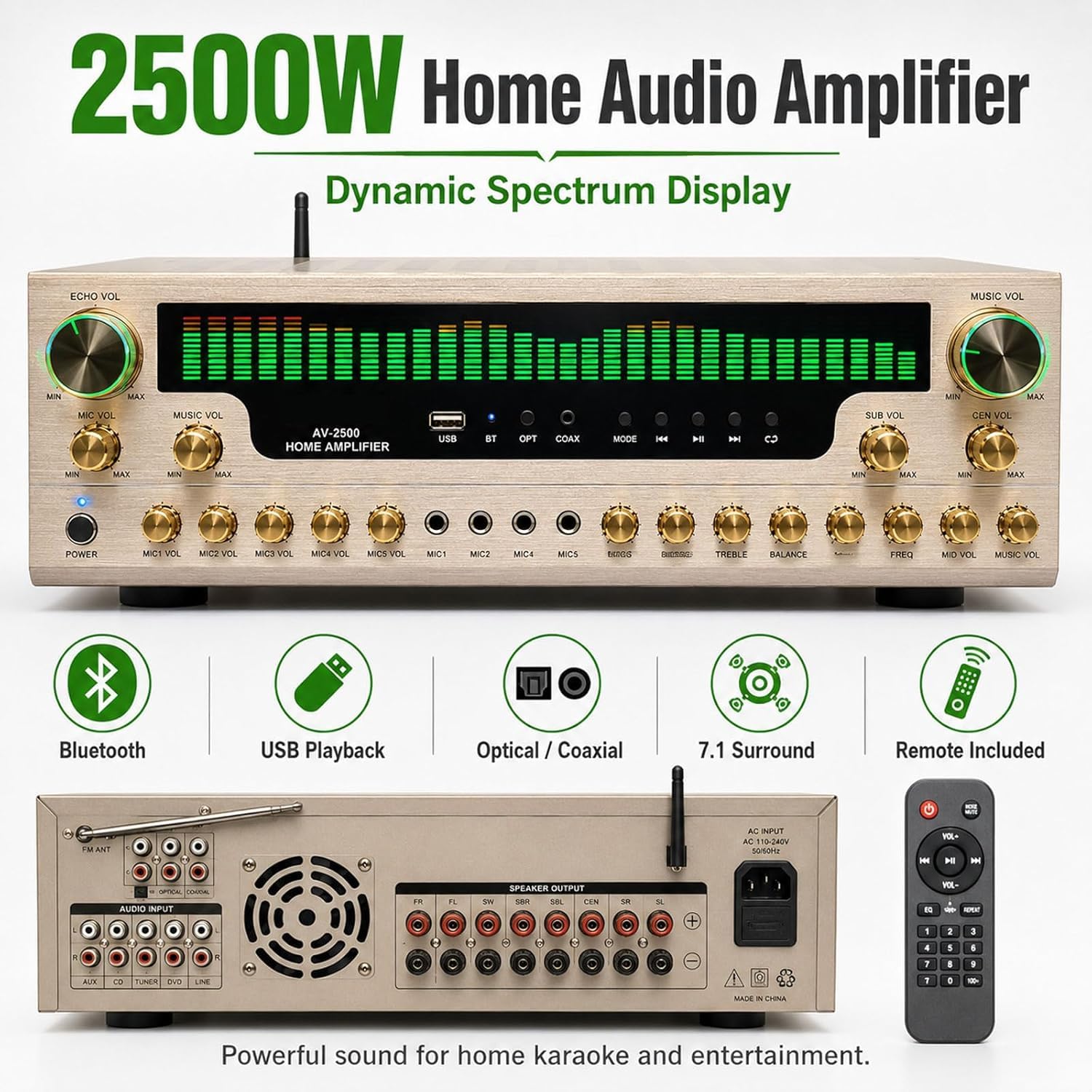 7,1-kanałowy odbiornik stereo, domowy wzmacniacz audio 2500 W, dynamiczny wyświetlacz spektrum, Bluetooth, odtwarzanie USB, optyczne koncentryczne wejścia Aux RCA, wiele gniazd mikrofonowych