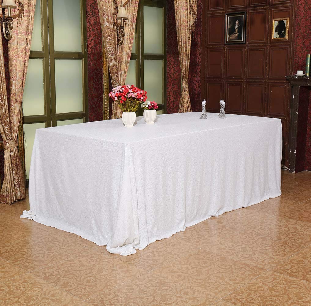 SquarePie Obrus cekinowy 150 x 250 cm, biały błyszczący stół weselny