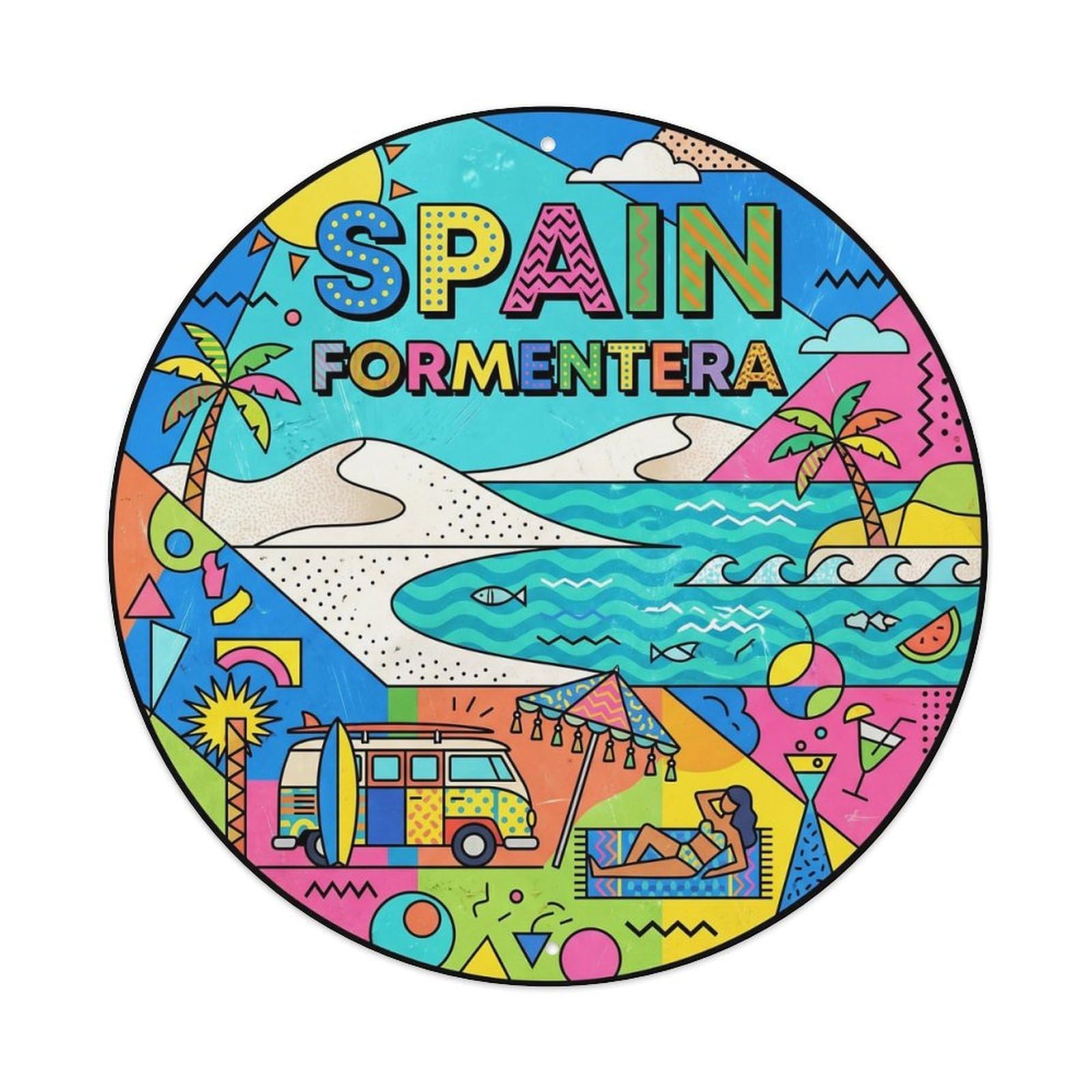 Spain Formentera Beaches Memphis Style Seaside Scenery Metal Tin Sign Plaque Wall Decor for Cafe, Man Cave, Club Bar, Office, Home Garden Round Metal Poster 8x8Inch