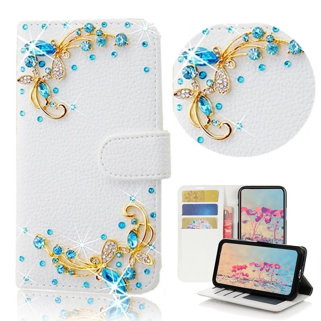 STENES Sparkle Wallet Phone Case Compatible with Google Pixel 2 [Stylish] 3D Handmade Bling Pretty Butterfly Crystal Diamond Design Girls Women Cover - Blue