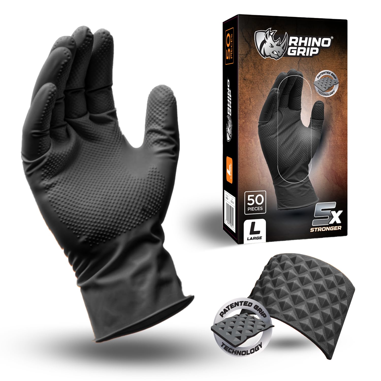 RHINO GRIP Nitrile Gloves - Heavy Duty Disposable Gloves, Diamond Grip Black Gloves - Powder-free & Latex Free Nitrile Gloves, Extra Thick & Ultra Tough Gloves (Large)
