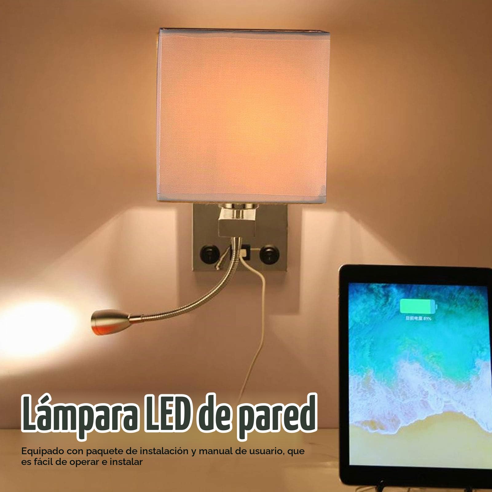 Tissting Lámpara de Pared LED con USB, Moderna Lámpara de Lectura