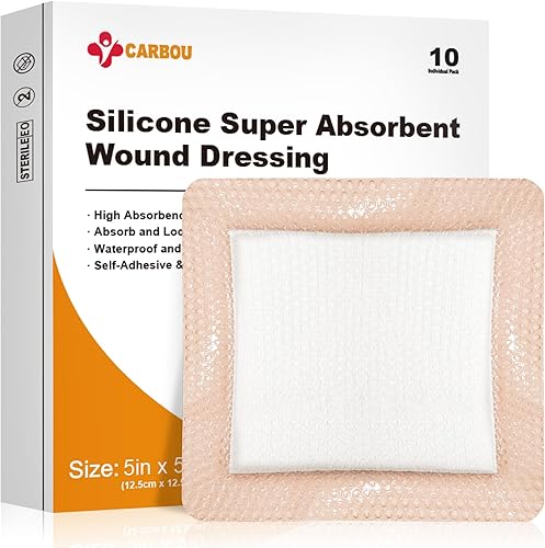 Carbou Apósito de silicona súper absorbente para heridas de 5 x 5 pulgadas, paquete de 10 unidades, vendaje autoadhesivo impermeable, apósito suave