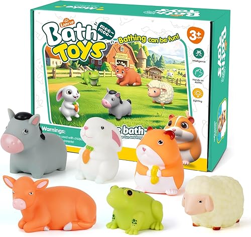 Miniatura 6 de Juguetes de baño para niños pequeños de 1 a 3 6 piezas de juguetes de baño de animales de granja iluminados, juguetes de baño para bebés, juguete de