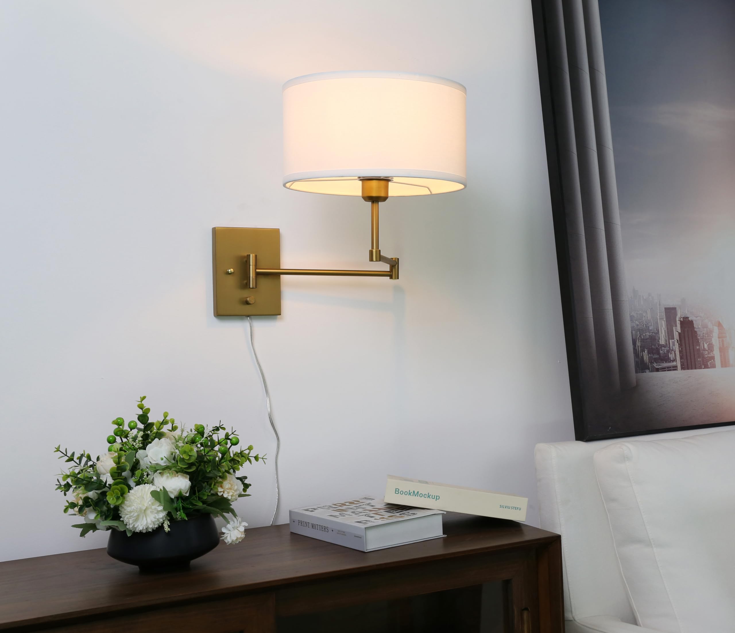 JIMUBEAM Vintage Fabric Plug-in Cord Wall Sconce, Indoor Swing Arm
