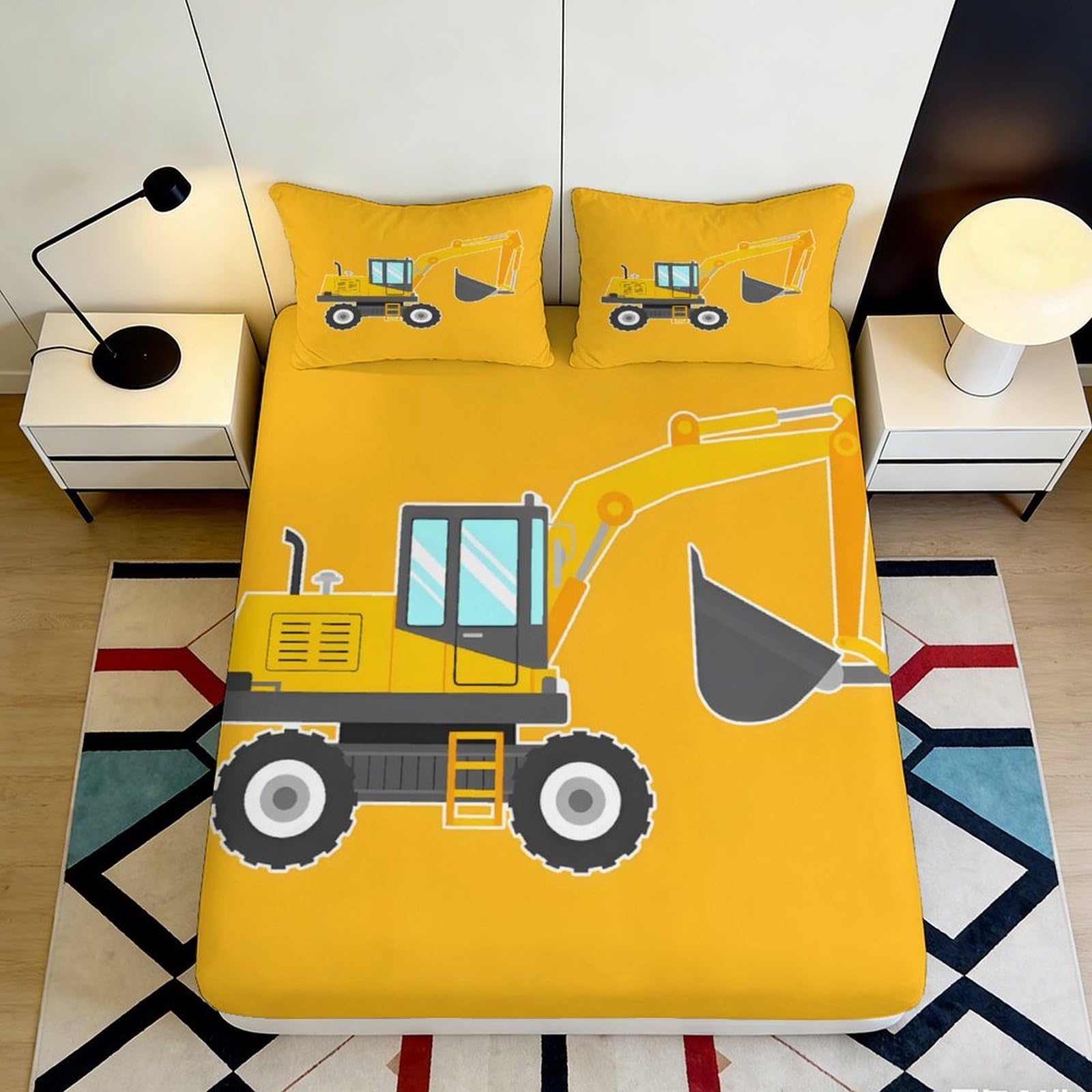 3D Printed Yellow Excavator Fitted Sheet Microfiber Soft Breathable Construction Vehicle Bed Cover for Bedroom Dormitory Guest Room Mattress Protection 160x200x25cm