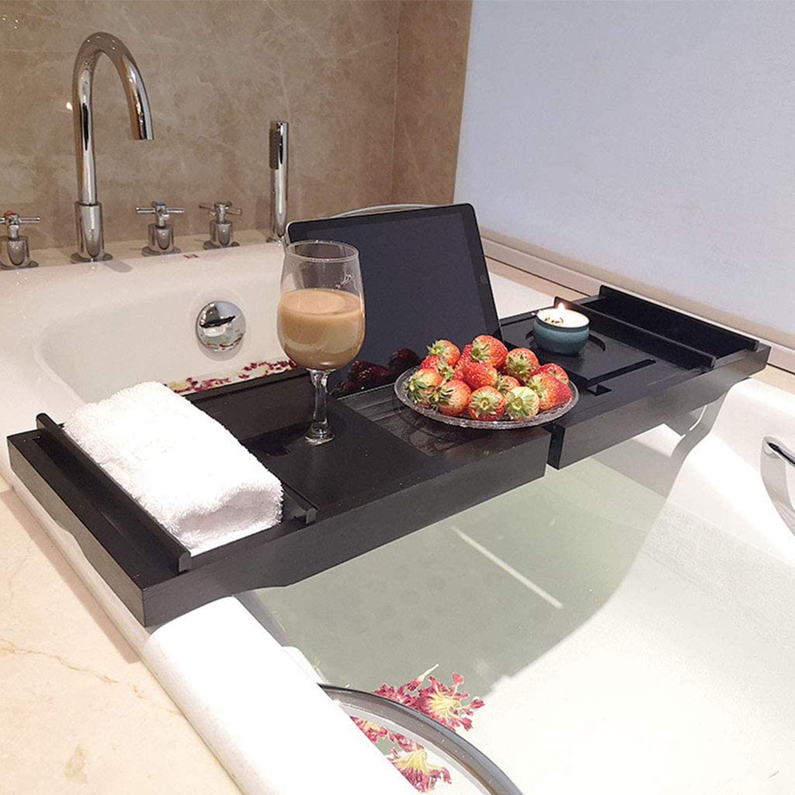 Bandeja de bambú para bañera, Bandeja organizadora de baño Extensible, Bandeja para bañera, con toallero de baño, Soporte de Cristal, Soporte de Lectura, Soporte para Tableta, Bandeja para