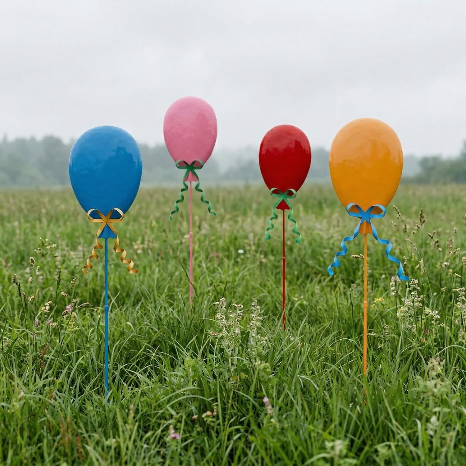32" Decorative Garden Stakes Set of 4, 3D Metal Balloon Yard Art, Rustproof Metal Garden Decor & Yard Decorations Outdoor, Metal Flowers for Outside in 4 Colors (Blue, Pink, Red, Yellow)