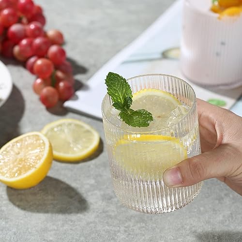 Miniatura 3 de Juego de 6 vasos altos acanalados de 14 onzas, vasos de vidrio aptos para lavavajillas, cristalería vintage para agua, jugo, cóctel, vino, café