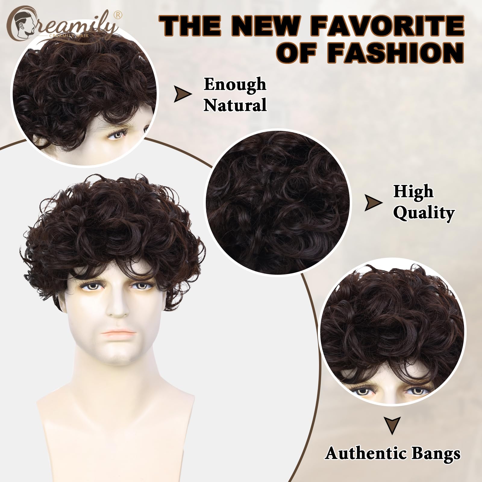 Creamily Curly Hair Wig for Men, Male Wigs That Look Real,Artificial Fake Hair for Men,Short Full Wig for Man Synthetic Wigs for Boys for Daily Party Use (Brown, 8 Inches) 3